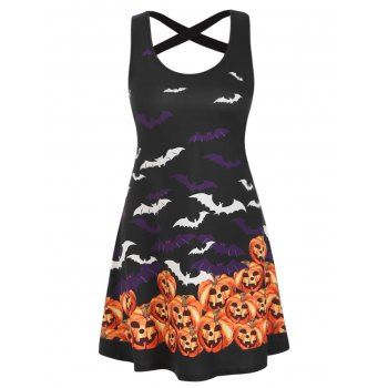 

Halloween Pumpkin Bat Print Criss Cross Dress, Multicolor