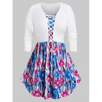 

Plus Size Round Collar Lace Up Floral Print T Shirt, White