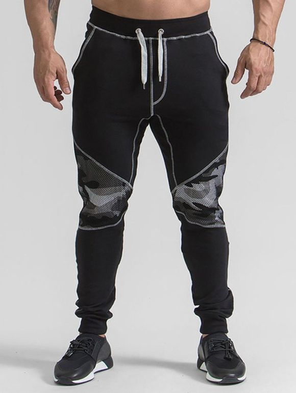 Pantalon de Jogging Camouflage Imprimé Cousu Contrasté en Maille à Cordon - Noir L