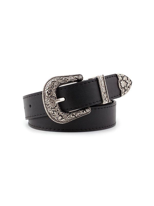 

Vintage PU Leather Engraved Belt, Black