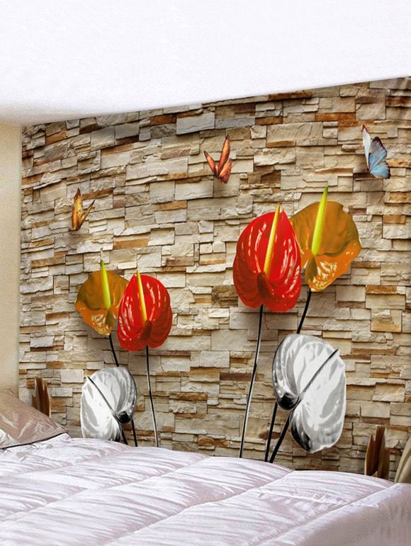 Tapisserie Murale 3D Fleurie Papillon Imprimé - Orange Tigre W51 X L59 INCH