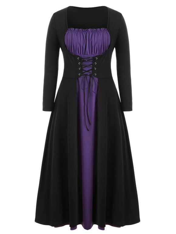 Plus Size Halloween Color Block Lace Up Dress - BLACK 5X