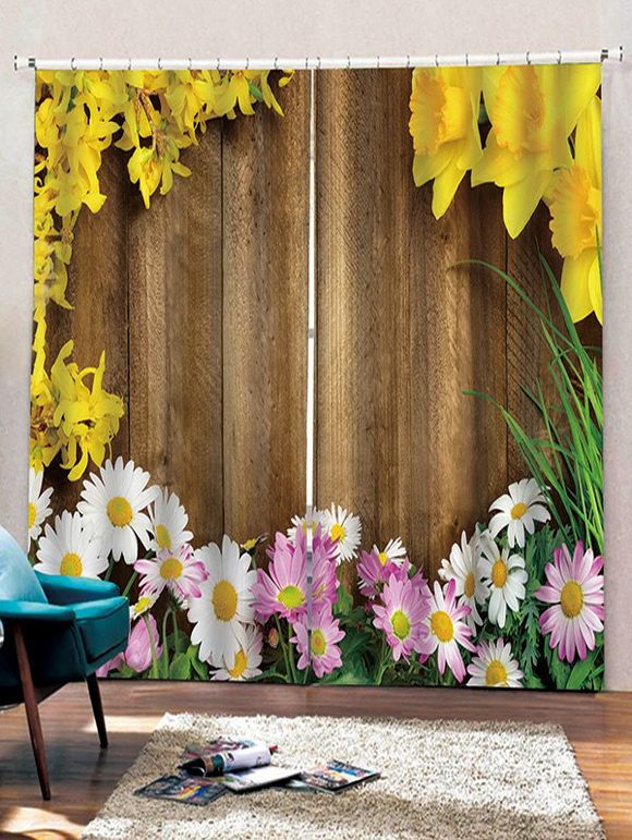 Rideau de Fenêtre Fleur et Planche en Bois Imprimés 2 Panneaux - multicolor W28 X L39 INCH X 2PCS