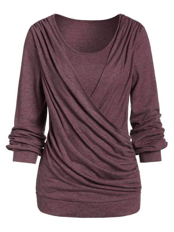 Long Sleeve Round Collar Marled T Shirt - DEEP COFFEE XL