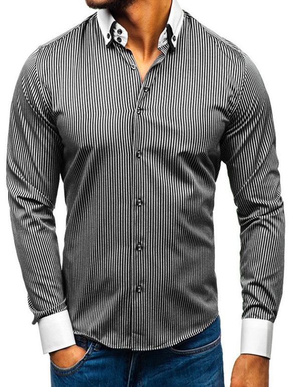 Chemise Boutonée Motif de Rayure à Manches Longues - Noir M