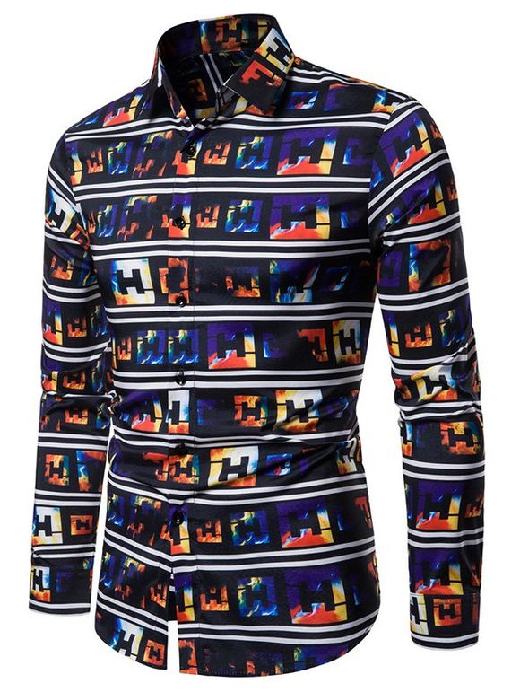 Chemise Rayée Imprimée Lettre à Manches Longues - multicolor B 2XL