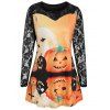 T-shirt d'Halloween Citrouille Imprimée à Manches en Dentelle de Grande Taille - Noir 2X