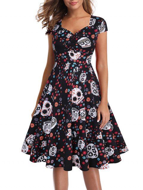 Halloween Skull Floral Sweetheart Cap Sleeve Dress