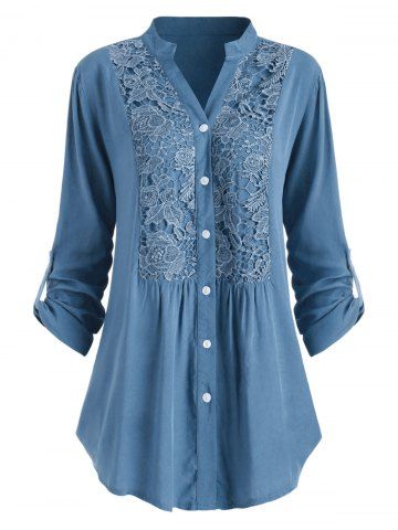 Plus Size Lace Crochet  Roll Up Sleeve Shirt