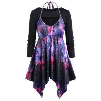 

Plus Size 3D Galaxy Print Hanky Hem Shrug T-shirt, Black