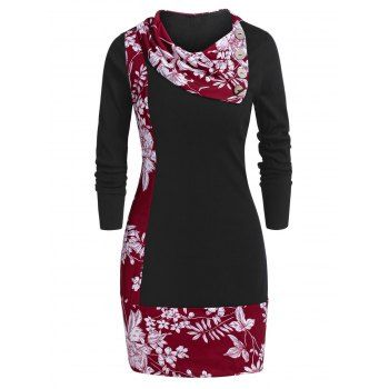 

Floral Print Tunic Cowl Collar T Shirt, Red wine