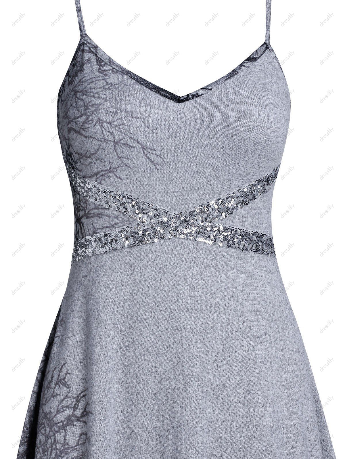 Mini Robe Imprimée à Bretelle à Paillettes - Nuage Gris M