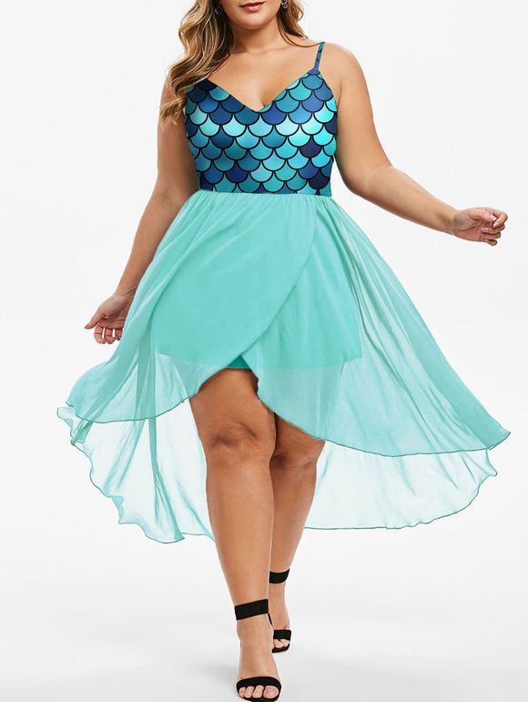 Robe Haute Basse Superposée Ecaille de Sirène Imprimée de Grande Taille - Vert 4X