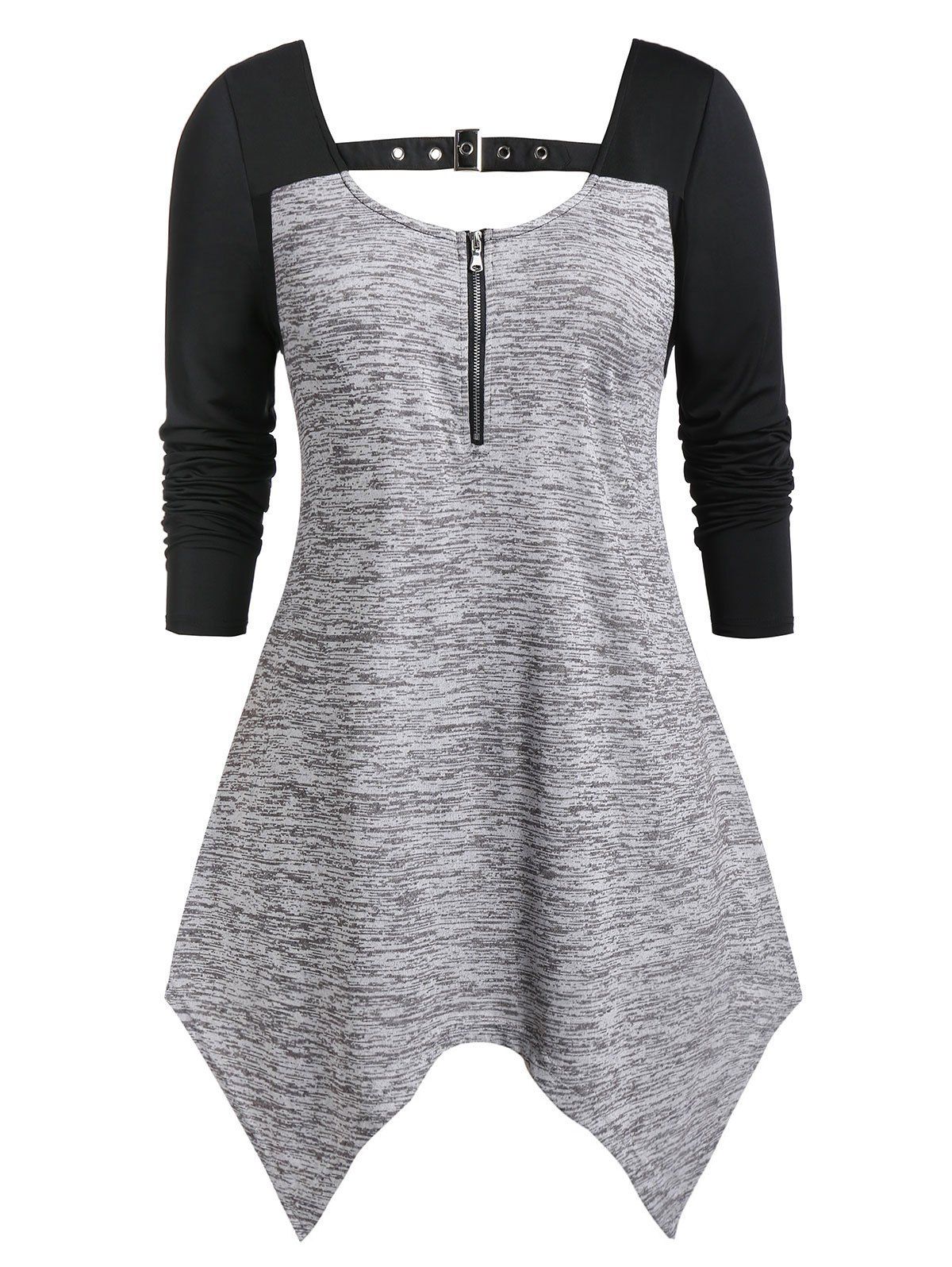 

Plus Size Asymmetrical Two Tone Zippered T Shirt, Dark gray