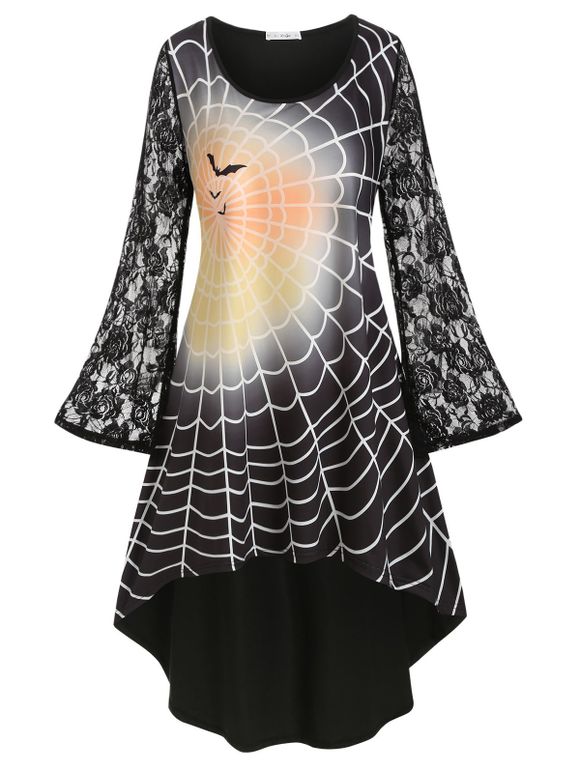 Robe d'Halloween Toile d'Araignée Imprimée à Manches en Dentelle de Grande Taille - Noir 5X