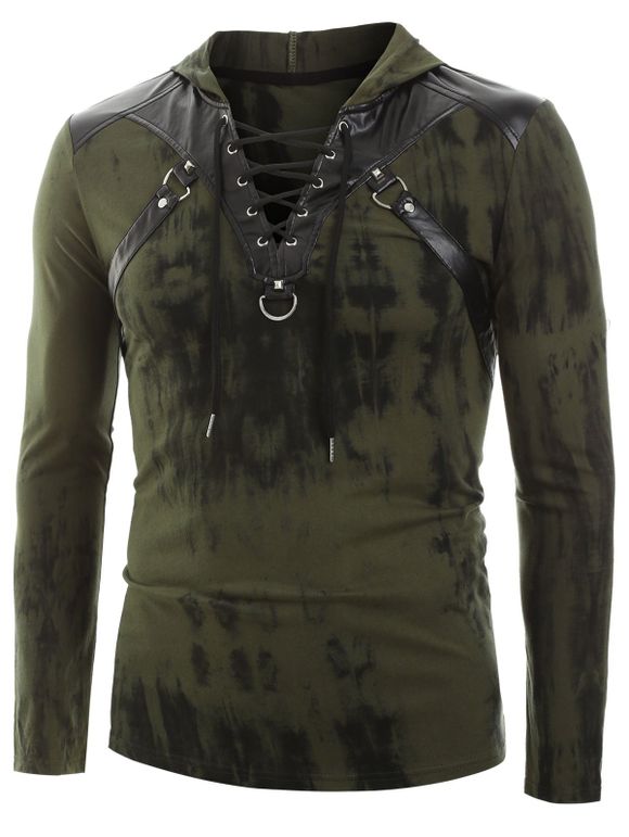 Tie Dye Print Lace-up Faux Leather Insert Hoodie - ARMY GREEN L