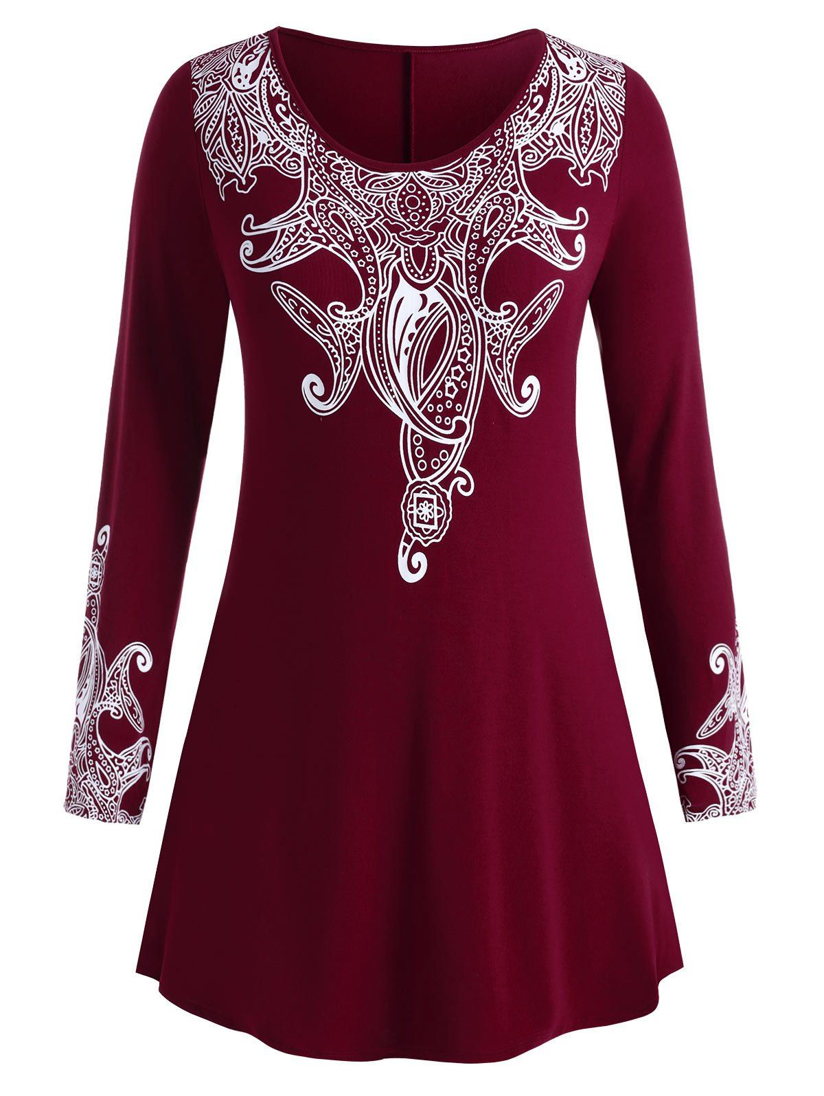 

Patterned Long Sleeve Plus Size Tunic Top, Red wine
