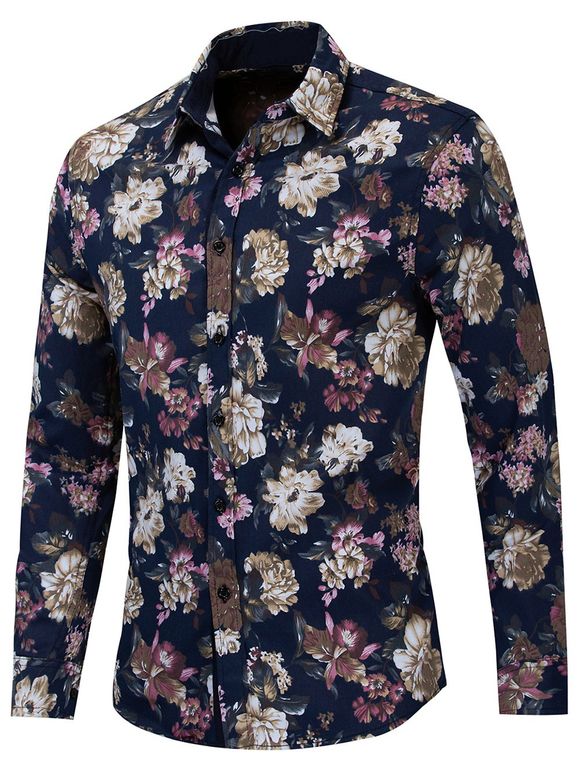 Chemise Fleur Imprimée à Manches Longues - Bleu profond XL
