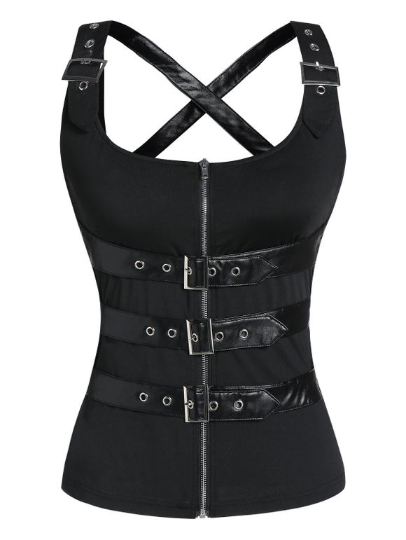 Buckle Strap Zip Up Cut Out Gothic Tank Top - BLACK 2XL
