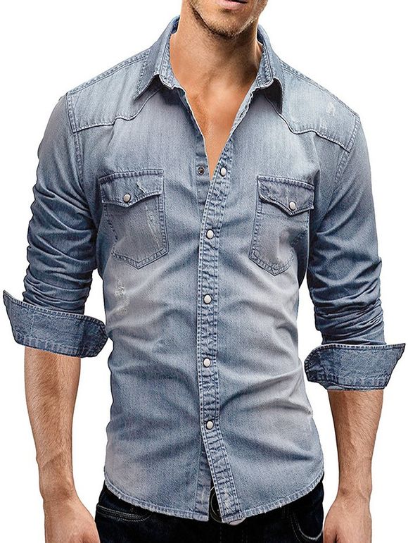Chemise Délavée avec Poche à Rabat en Denim - Bleu clair 2XL