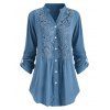 Chemise au Crochet en Dentelle à Manches Roulées Grande Taille - Bleu 4X