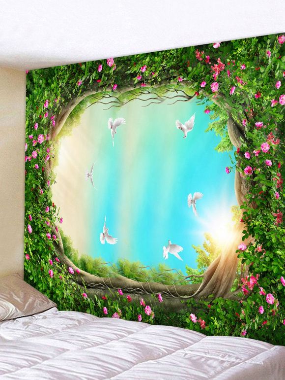 Fleur arbre trou oiseaux impression tapisserie tenture murale décoration art - Vert Jungle W59 X L51 INCH