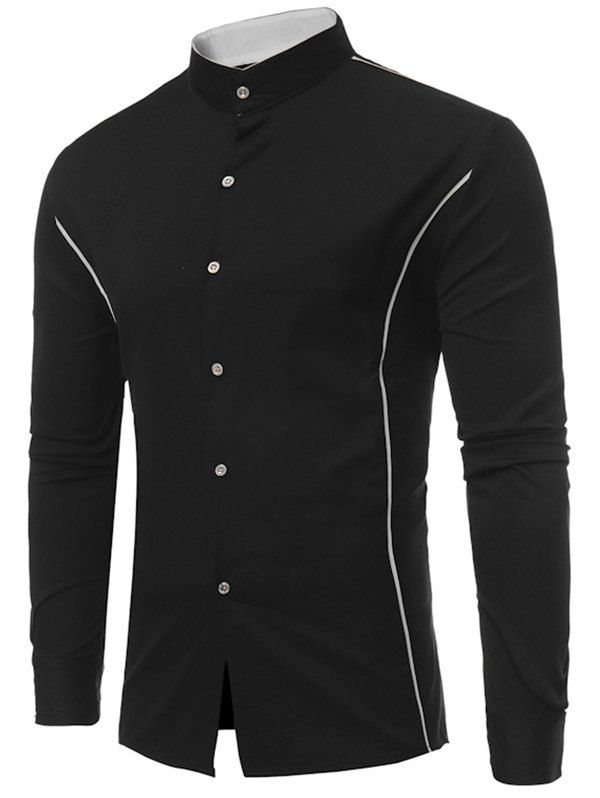 

Button Down Stand Collar Long-sleeved Shirt, Black