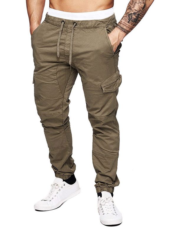Pantalon de Jogging Décontracté en Couleur Unie avec Fausse Poche - Kaki Léger XL