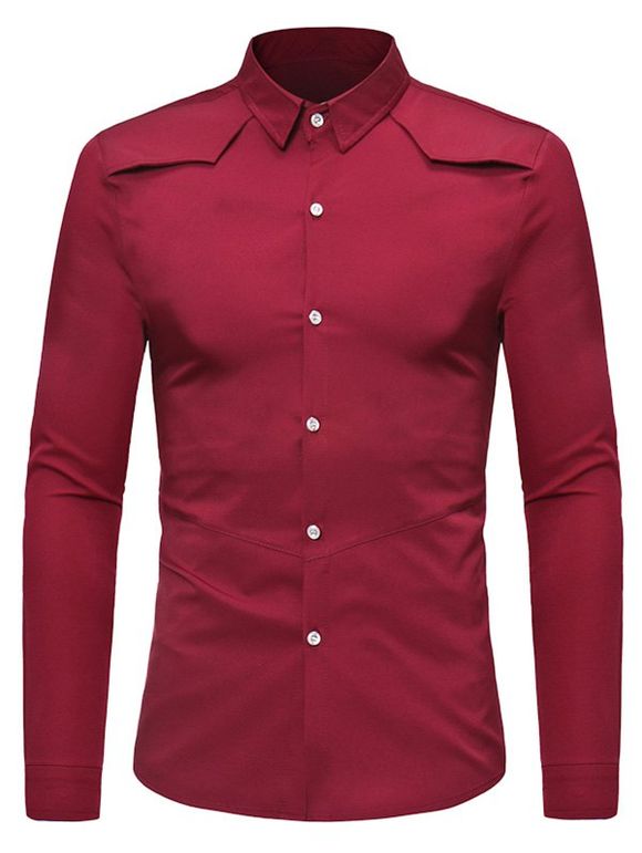 Chemise de Base Boutonnée à Manches Longues en Couleur Unie - Rouge Vineux XL