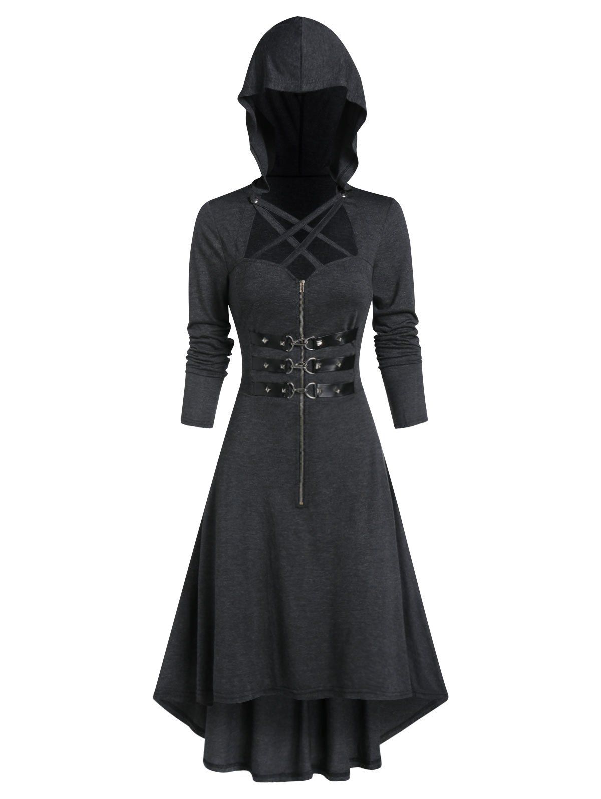 Hooded Lobster Buckle Strap High Low Gothic Dress - DARK GRAY L