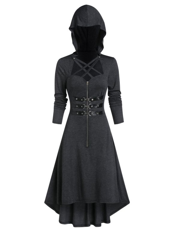 Robe à Capuche Gothique Haut Bas à Bretelle Bouclée - Gris Foncé XL