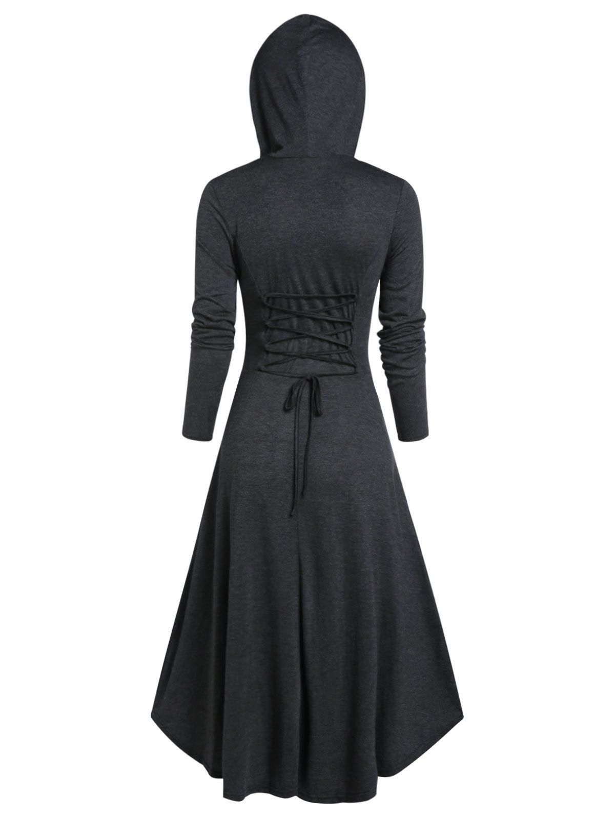 Hooded Lobster Buckle Strap High Low Gothic Dress - DARK GRAY 2XL