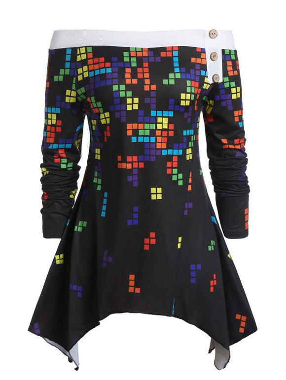 T-shirt Mouchoir Tetris Imprimé à Epaule Dénudée de Grande Taille - Noir 5X