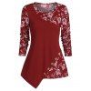 T-shirt Asymétrique Fleuri Imprimé à Manches Longues - Rouge Vineux L
