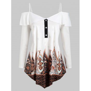 

Printed Half Buttoned Open Shoulder Plus Size Top, White