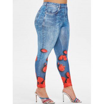 

Plus Size 3D Petal Print High Waisted Jeggings, Marble blue