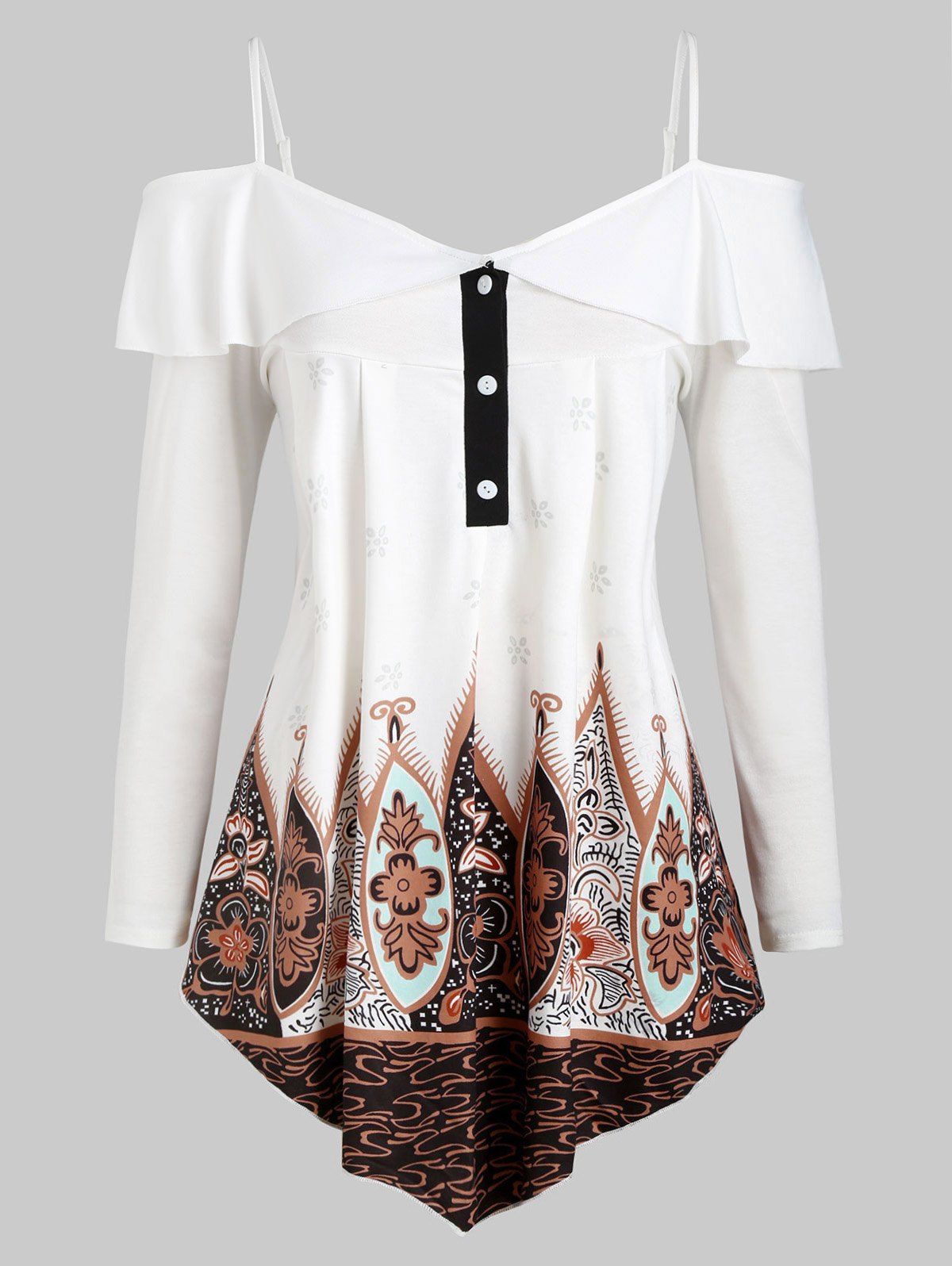

Printed Half Buttoned Open Shoulder Plus Size Top, White