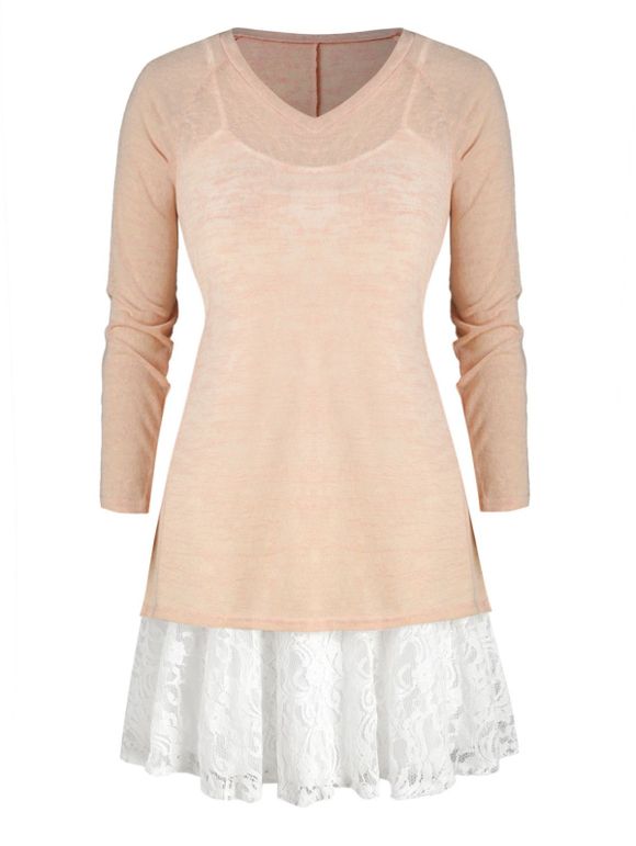 Robe à Bretelle Panneau en Dentelle de Grande Taille et de Haut Tricoté à Col V - Abricot 3X