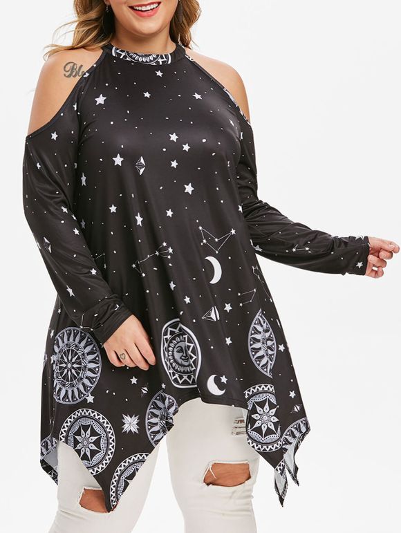 T-shirt Mouchoir Etoile Lune et Soleil Imprimés à Epaule Dénudée de Grande Taille - Noir 4X