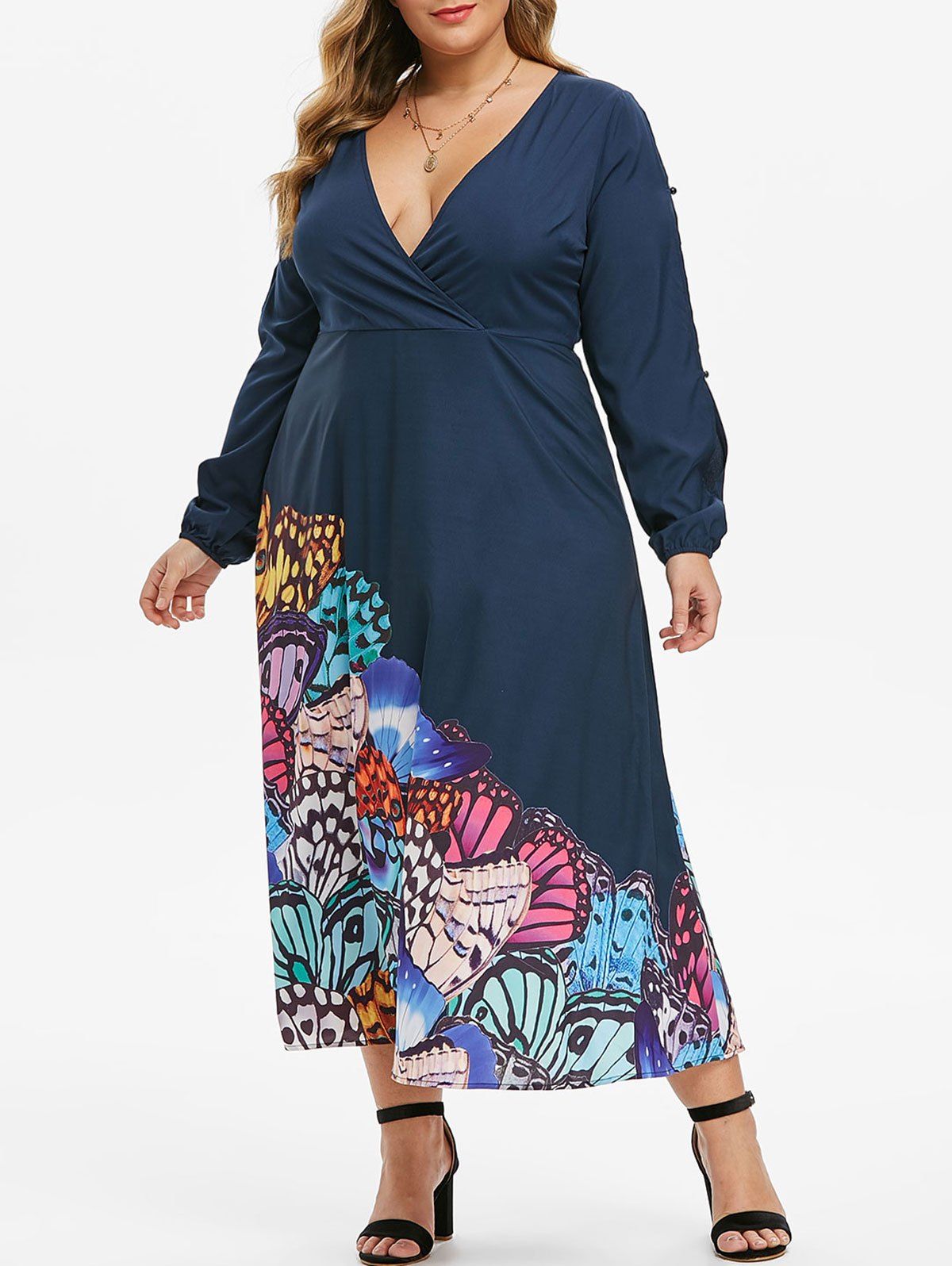Plus Size Plunging Neckline Split Sleeve Butterfly Print Dress - DEEP BLUE L