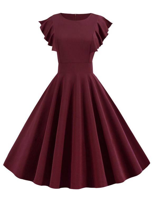 Robe Ajustée Evasée à Volants - Rouge Vineux M