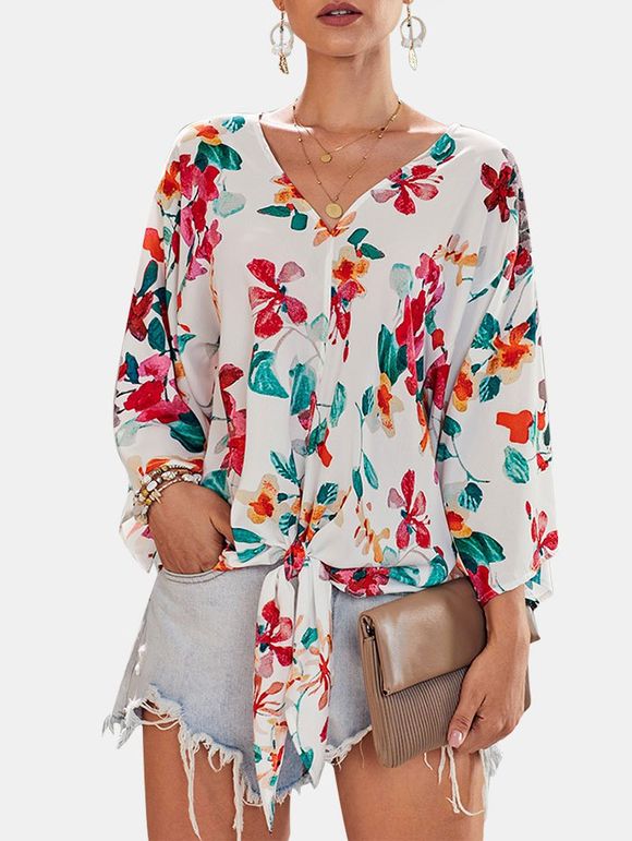 Self-tie Wide Sleeve Printed Blouse - WHITE XL