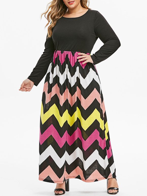 Maxi Robe Colorée Zigzag de Grande Taille avec Poche Cousue - multicolor 5X