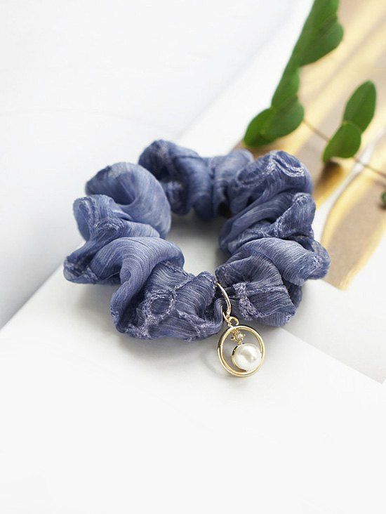 Chouchou Pendentif Fleur Brodée en Fausse Perle - Bleu 