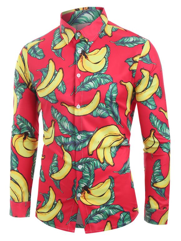 Chemise Banane et Palmier Imprimés à Manches Longues - Rouge 2XL