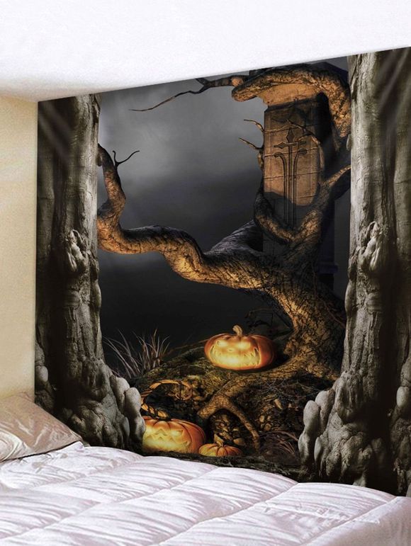 Tapisserie d'Halloween Arbre Mort Citrouille et Lampe Imprimés - Brun Ours W59 X L51 INCH
