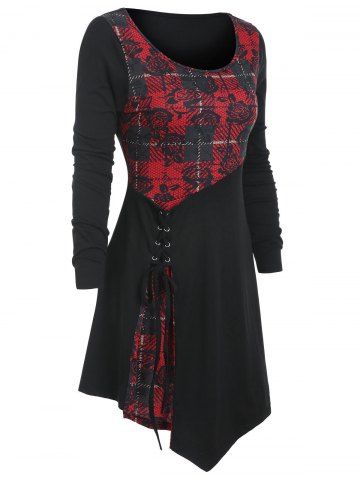 Gothic Plaid Flower Print Lace Up Longline T-shirt from dresslily dresslily Gothic Plaid Flower Print Lace Up Longline T-shirt