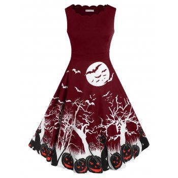 

Plus Size Bat Pumpkin Print Halloween Vintage Dress, Red wine