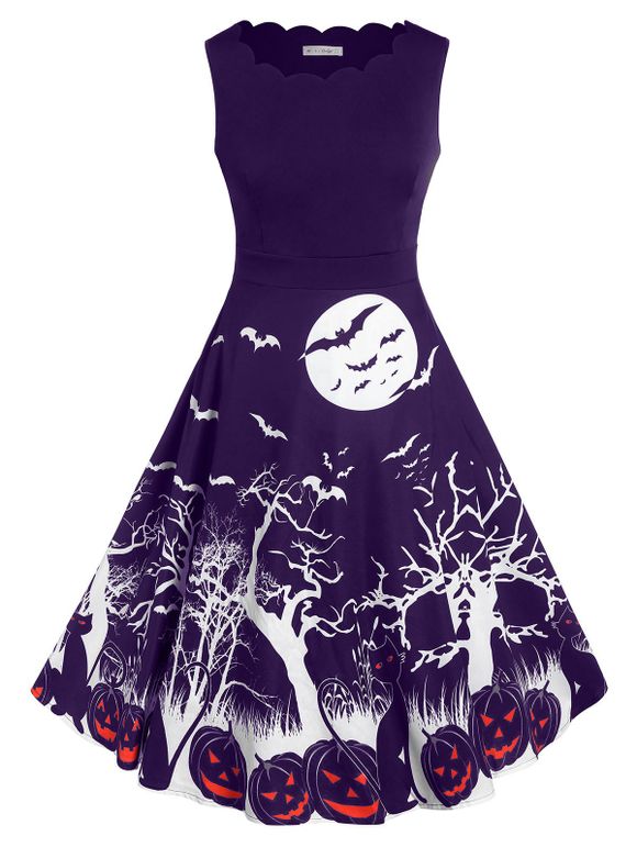 Robe d'Halloween Vintage à Imprimé Citrouille Chauve-souris de Grande Taille - Iris Pourpre L