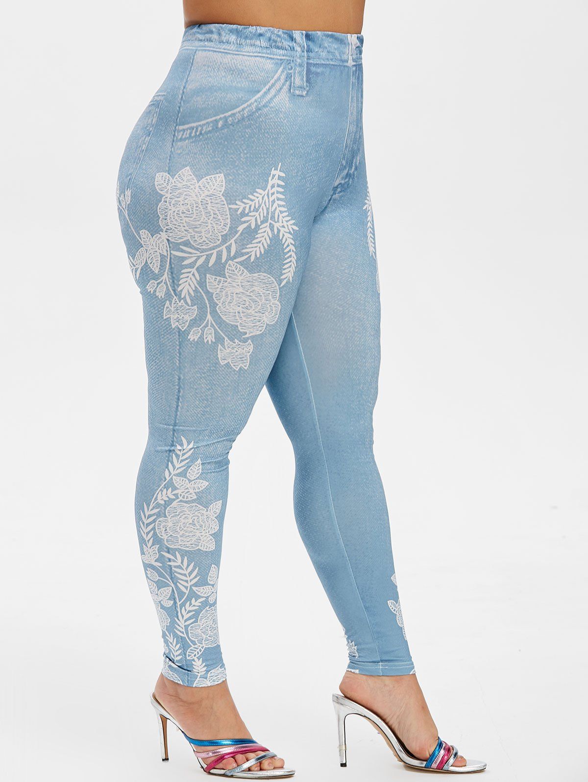 

Plus Size Floral Print High Waisted Jeggings, Blue gray